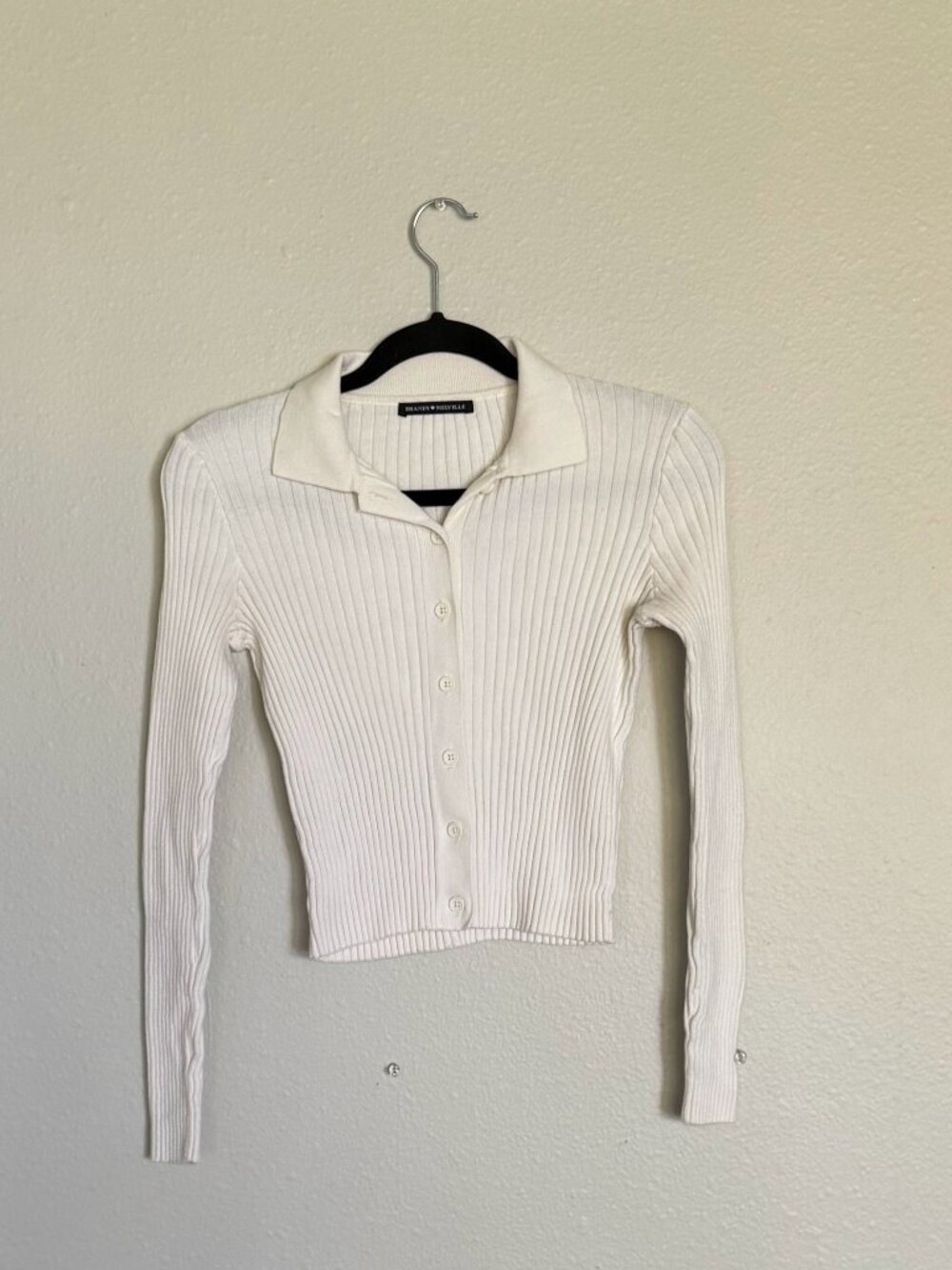 Brandy Melville White Ribbed Button Up Cardigan Polo Collar Knit Sweater Top
